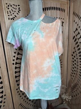 Mazik Peach & Mint Tie-Dye Distressed Cutout Tee
